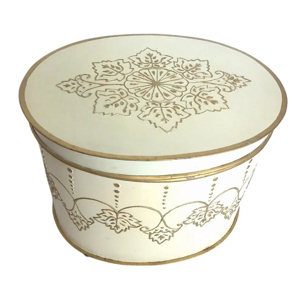 Vtg Ornate Embossed Metal Round Box Gold Cream Floral Footed Hollywood Regency